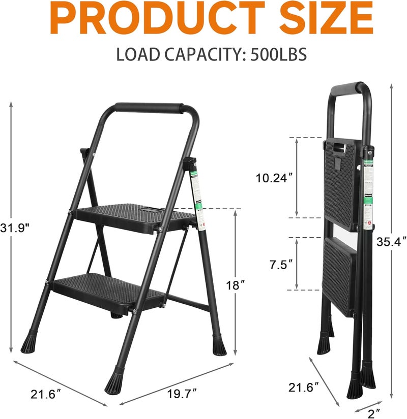 Arbusb 2 Step Ladder, Protable Steel Folding Stool with Wide Anti-Slip Pedal, 500lbs Sturdy Steel Ladder, Black - Image 4